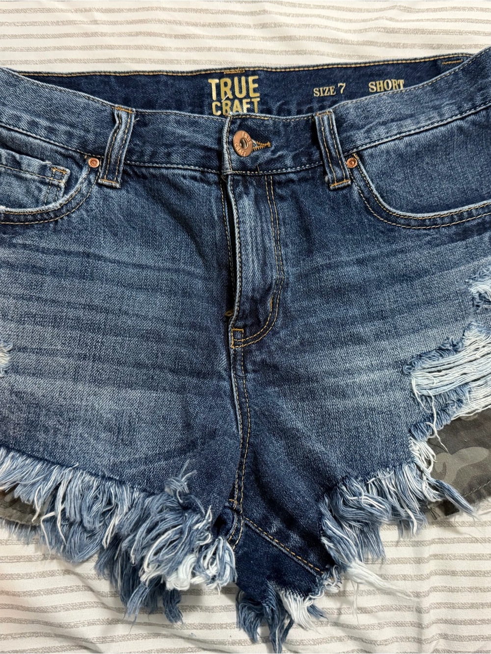 True Craft Dark Blue Distressed Frayed Denim Shorts